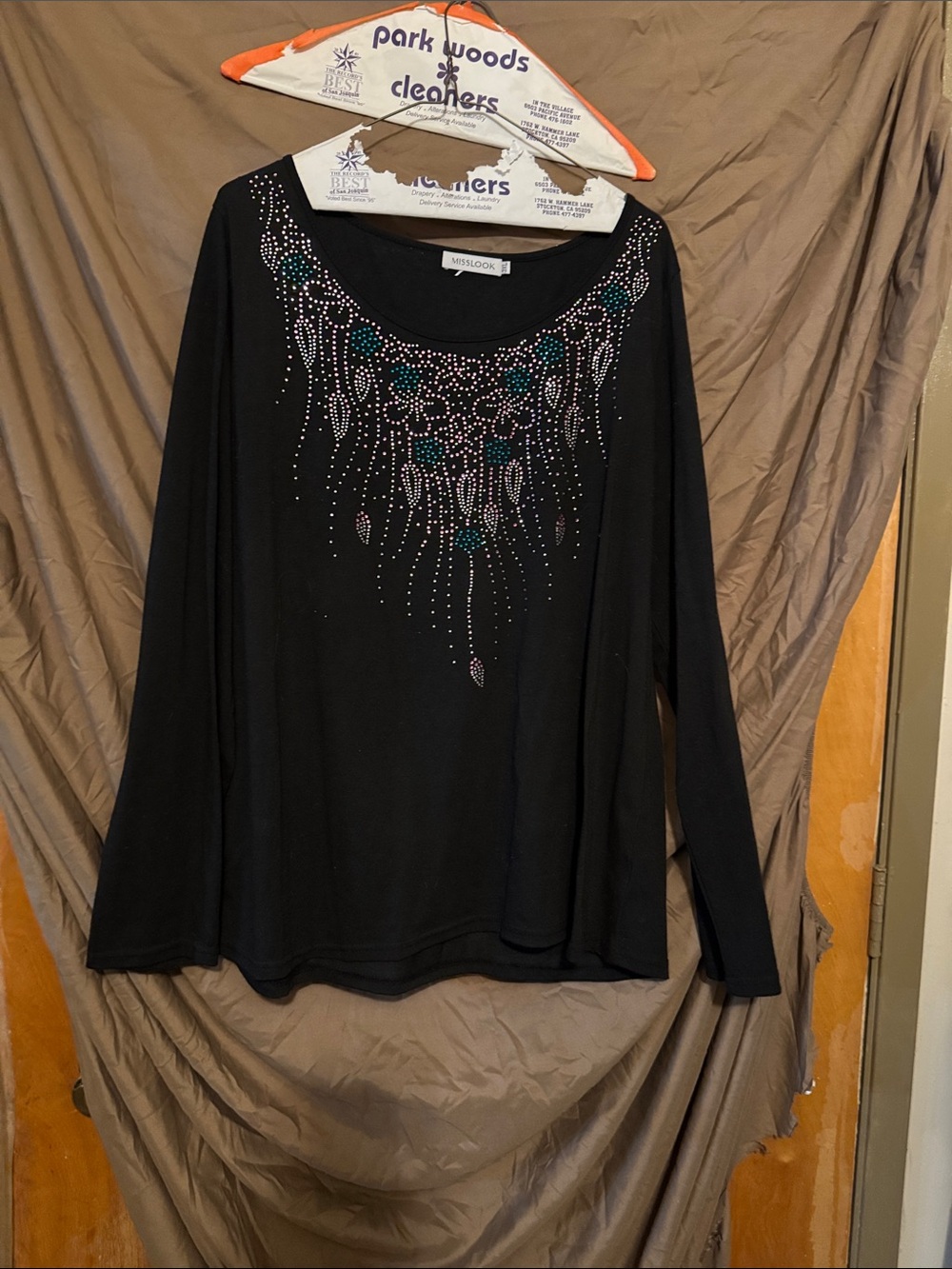 MISSLOOK Black Long-Sleeve Top with Teal and Silver Rhinestone Detail